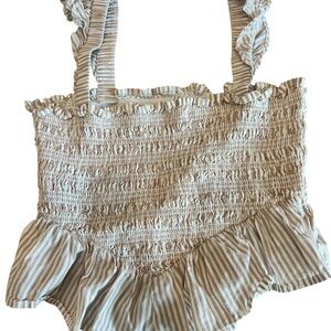 American Eagle Outfitters Cream and Tan Striped Smocked Tank Top